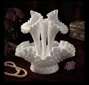 Vintage Milk Glass Hobnail Epergne Ruffled Bowl and Trumpet-Shaped Horns 8”